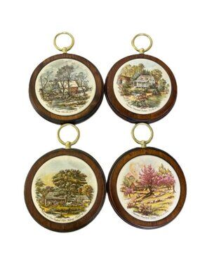 Vintage Currier and Ives American Homestead Wall Plaques Ceramic Wood 10" x 7.5"